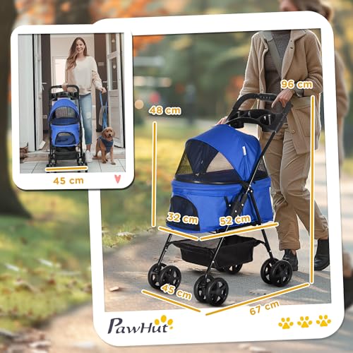 PawHut Hundewagen Hundebuggy mit Klappfunktion Pet Stroller für kleine Hunde und Katzen Haustierwagen Katzenbuggy Oxford Blau 67 x 45 x 96 cm
