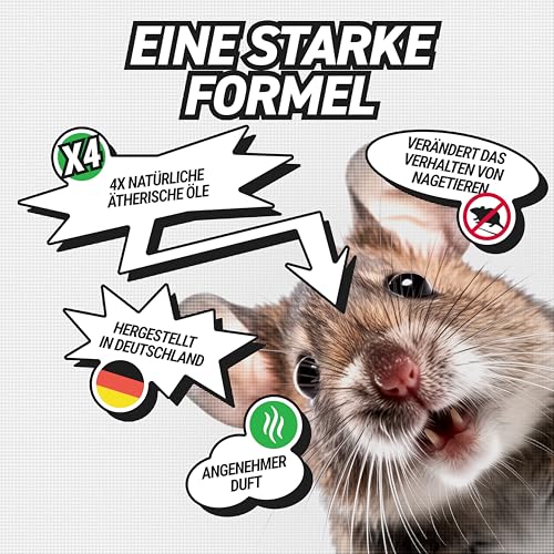 RepellShield® MausEx+ Mäuseabwehr Spray mit Geraniol -250ml- Mäusespray & Rattenabwehr für Innen & Außen - Mäuse vertreiben & Ratten fernhalten, Ohne Rückstände, mit Pfefferminzöl Duft