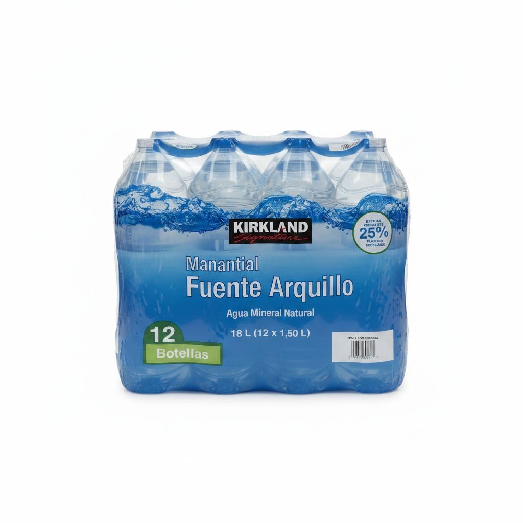 Agua Mineral Natural Manantial Fuente Arquillo -Kirkland Pack de 12 Botellas de 1,5L (Total 18L) - Para Hidratación Familiar y Sostenible- Nexu
