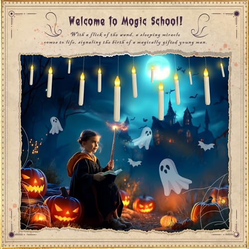 Image of Homemory Floating Candle with Wand Remote, 12 Pcs Magical Candlesticks Witch Decors, Warm Yellow Flameless Taper Candles Battery Operated, LED Window Candle for Halloween Party Decor