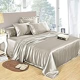 LilySilk Mulberry Silk Sheets 4 Piece, 19 Momme Silk Bed Sheets, 1 Flat Sheet, 1Fitted Sheet and 2 Oxford Silk Pillowcases, Silk Bedding Set 100% Top 6A Grade Oeko-Certified, Silvergray, King Size