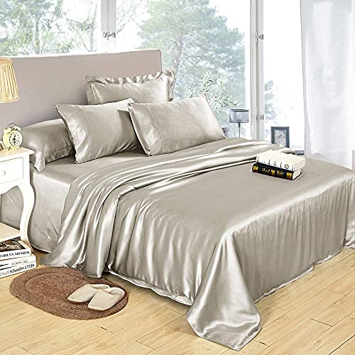 LilySilk Mulberry Silk Sheets 4 Piece, 19 Momme Silk Bed Sheets, 1 Flat Sheet, 1Fitted Sheet and 2 Oxford Silk Pillowcases, Silk Bedding Set 100% Top 6A Grade Oeko-Certified, Silvergray, Cal.King Size