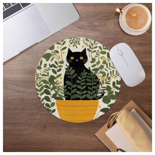 Mid Century Black Cat Mouse Pad,Cat Lover Vintage Farmhouse Plant Mousepad for Desk Home Office Dorm Computers Laptop Accessories,7.9x7.9 Inch