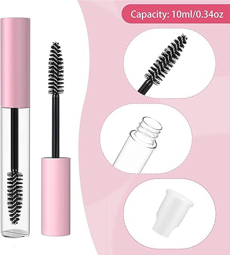 Miniatura 3 de Mini botella vacía de tubo de rímel de 0.3 fl oz con tapa rosa cepillo de varita de pestañas e inserciones de goma para cosméticos hogar y viajes,