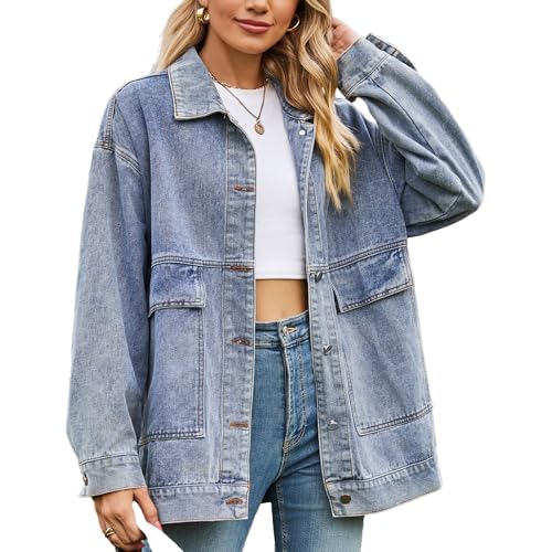 Chaqueta de mezclilla para mujer, estilo vintage, desgastada, para otoño, a la moda, con solapa, con botones y bolsillo, Azul, XX-Large