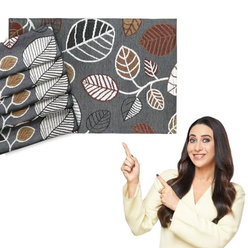 Image of HOKIPO Cotton Jacquard Dinner Table Placemats Set of 6 (12x18 Inches) (IN-530-D5*6) Grey Leaves