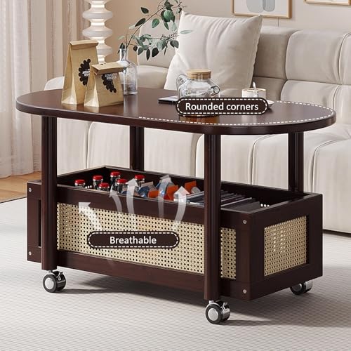 Ovaler Couchtisch mit Stauraum, 2-stöckig, Wohnzimmertisch auf Rollen, perfekt für Tassen, Bücher, Snacks und Zeitschriften, Landhaus-Stil – Bild 7