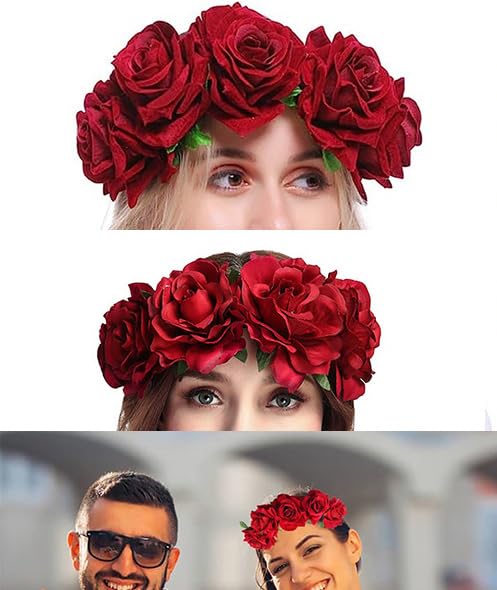 AKOAK 1 Pack Rose Crown Hair Garland, Mexican Bohemian Flower Headband for Women Girls, Wedding Headwear, for Weddings, Cosplay, Travel, Beach, Photos, Parties (Red) - Image 9