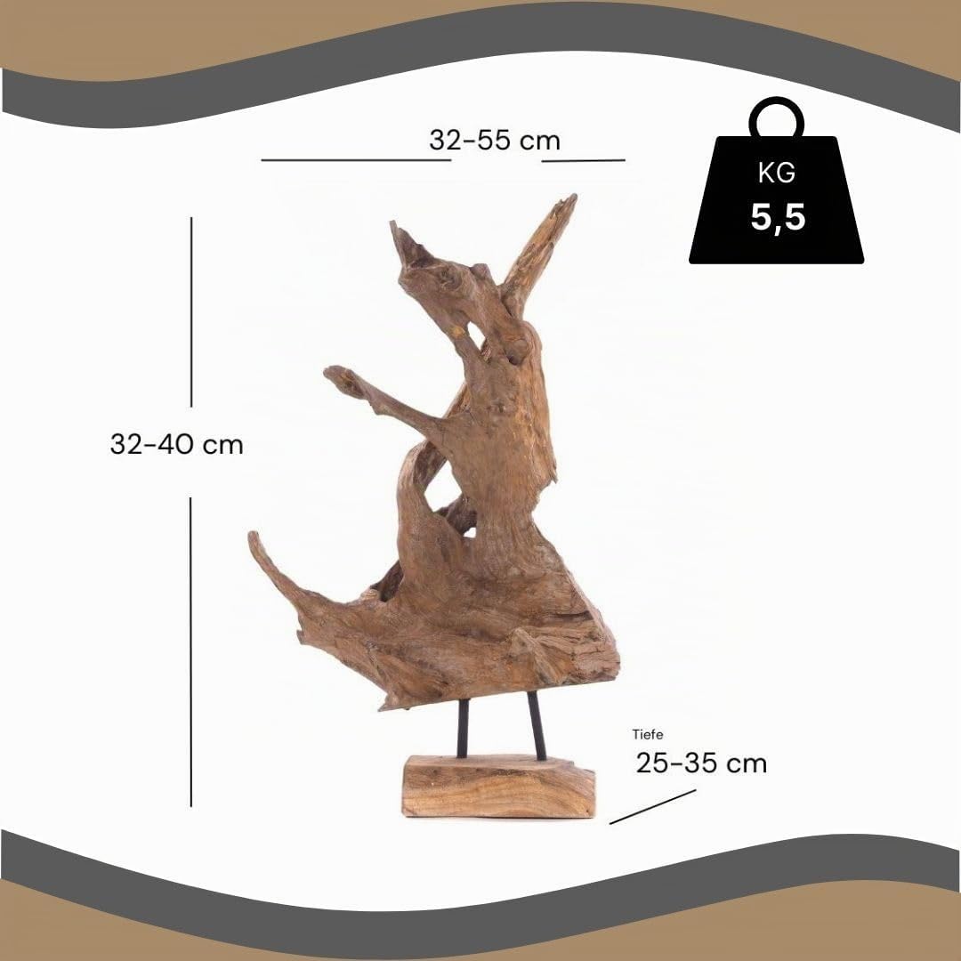 DESIGN DELIGHTS WURZELHOLZ TREIBHOLZ SKULPTUR Roots 40" | Natur, Teakholz, rustikal, Höhe 32x40 cm | Dekofigur, Holzfigur, Unikat Figur aus Teak mit massivem Sockel