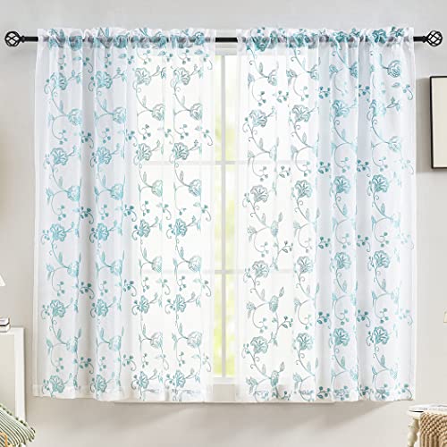 Image of Blue Sheer Curtains Embroidery 63 Inch Length Rod Pocket Voile Drapes for Living room, Bedroom, Window Treatments Semi Flower Pattern Curtain Panels for Kitchen, Yard, Farmhouse, Set of 2, 52 inchx 63 inch.