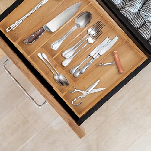 Range-couverts en bambou extensible pour tiroir de cuisine avec compartiment ajustable