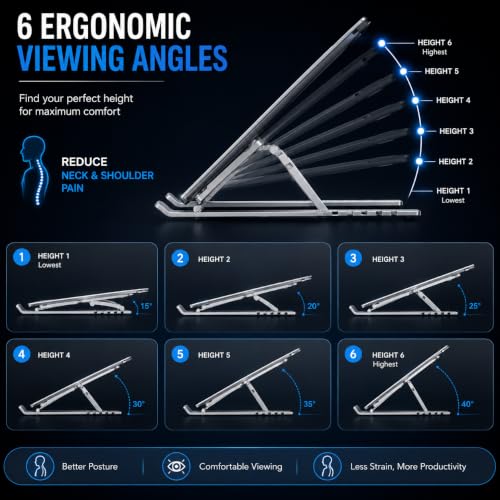 Image of Ergonomic Laptop Stand Aluminum, Foldable Height Adjustable Notebook Holder with Ventilation Design for MacBook, Dell, HP, Lenovo, ASUS & Acer