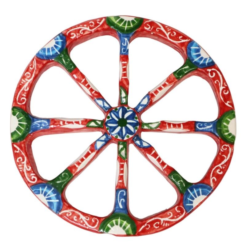 Ruota di Carretto Siciliano in Ceramica di Caltagirone, Ø 23 cm ca. Fondo Rosso e Blu