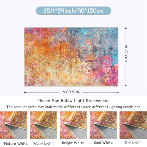 Lahome Modern Abstract Area Rug - 3x5 Washable Kitchen Rugs Colorful Bedroom Rug Non Slip Entryway Rugs, Rainbow Contemporary Indoor Floor Accent Carpet for Kitchen Sink Living Bathroom Doorway