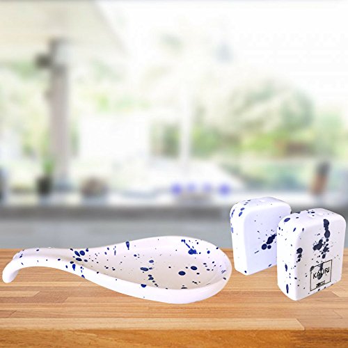 Ceramic White Splatter Kitchen Spoon Rest Salt Pepper Shaker Set - Handmade Modern Kitchen Accessory for Cooking and Display
