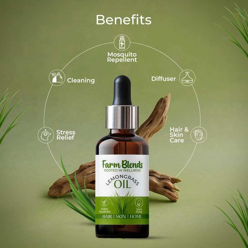 Image of Farm Blends Lemongrass Essential Oil 100% Undiluted Pure | Anti Dandruff, Anti Acne, Natural Mosquito Repellent, Diffuser | Farm To Home | Natural | Cymbopogon citratus|15ML + 15ML (Pack of 2)