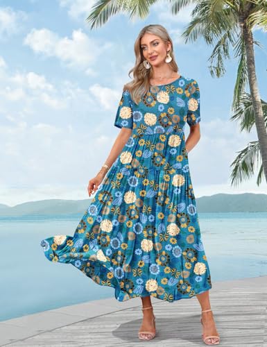 Image of YESNO Women Casual Loose Bohemian Floral Dress with Pockets Short Sleeve Long Maxi Summer Beach Swing Dress EJF