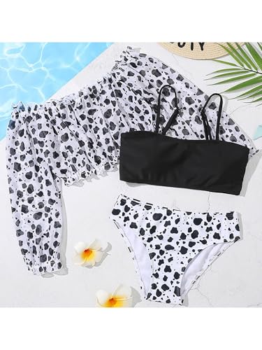 Kids Girls 3Pcs Spaghetti Straps Swim Top with Briefs and Coverup Leopard Print Beach Swimwear3