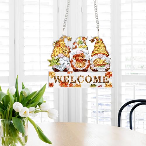 Image of AiYuanzsh Autumn Gnome Diamond Painting Hanging Sign, 5D DIY Acrylic Crystal Rhinestone Diamond Art Kit Pendant, Welcome Fall Decor for Door, Wall or Porch