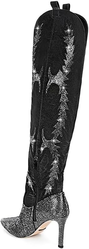 olomisa Sparkly Boots for Women, Rhinestone Over Knee Boots Embroidery Pointed Toe Pull On Stiletto Heeled Thigh High Sparkly Boots Tall Long Boots