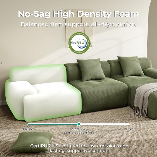 Image of LIKIMIO LumiCord 118 inch Tufted Modular Sectional Sofa, Modern U-Shaped Boneless Couch for Living Room, 26.8 inch Deep Seat, 18.1 inch High Seating, 15 inch Wide Armrest, Corduroy, Olive Green