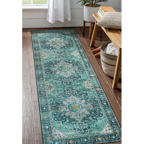 Moynesa Ultra-Thin Washable Teal Non Slip Bathroom Rug - 2x6 Laundry Room Mat, Machine Washable Non-Slip Pet Friendly Carpet Runner for Camper RV Foyer Kitchen Hallway 2' x 6' Teal