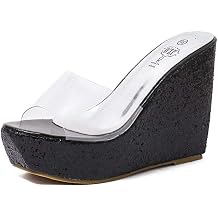 MIOKE Women's Clear Wedge Platform Sandals Glitter Sequins Open Toe Slip On Chunky High Heel Dress Sandal