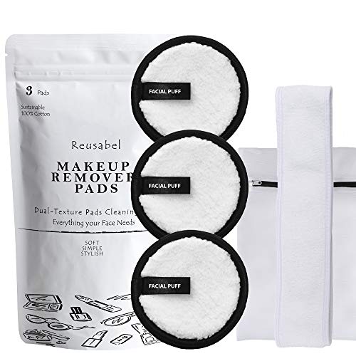 Reusable Makeup Remover Pads| Dual- Texture Soft Reusable Face Microfiber Rounds For Mascara, Eye Shadow, Lipstick, Foundation (3 Pads+ Makeup Headband +Laundry Bag)
