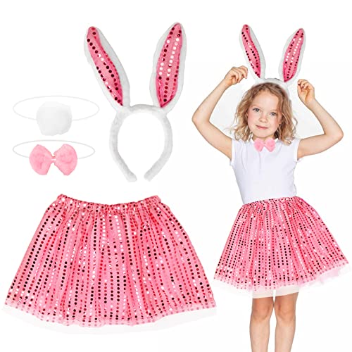 Deguisement Lapin Enfant Fille,Costume Lapin Tutu Pailleté Rose Jupe avec Bandeau Oreille, Lapin Rose Fille Pour Pâques Carnaval Halloween Cosplay Fête