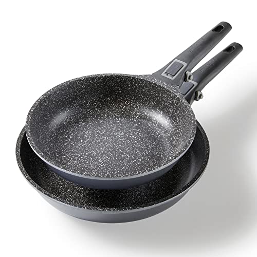 STONELINE Imagination PLUS set de poêles,2 pièces avec poignée amovible, induction, fonte d'aluminium, poêle revêtue avec des particules de pierre véritables, poêle à frire 28 cm et poêle à frire 24cm
