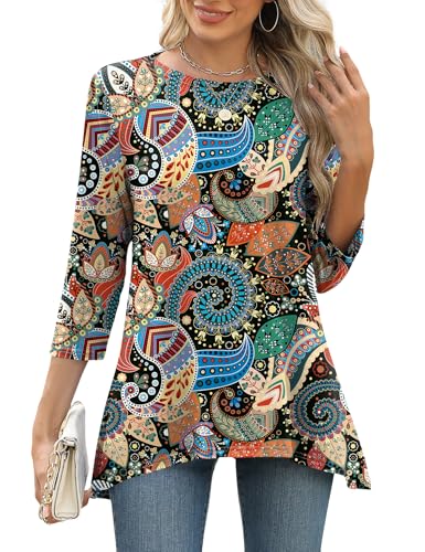 LOMON 3/4 Sleeve Tunic Tops for Women Loose Fit Dressy Casual Blouse Flowy Shirts to Wear with Leggings S-3XL