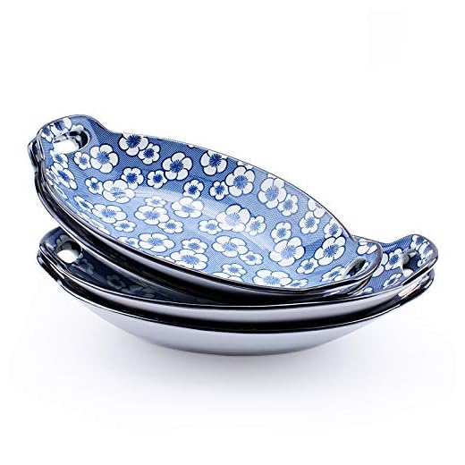 YALONG 10.5 Inch Glaze Ceramic Baking Dishes Au Gratin Dishes Bakeware Set, Blue and White Color Serving Baking Fish potatoes Bread Oval Set of 4 Oven Safe Plates for Mother's Day