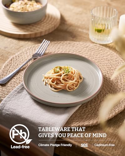 Image of Famiware Meteor Stoneware Dinnerware Sets with Pasta Bowls, Service for 4 (16 Pieces), Plates and Bowls Sets, Microwave and Dishwasher Safe Dishes Set, Matcha Green