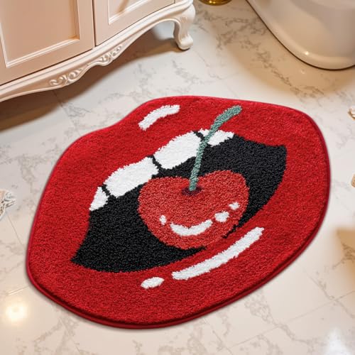 Ankah Red Lips Shaped Rug Fire Hot Lips Bath Mat Super Soft Microfiber Non-Slip Machine Washable Quick Dry Mats for Shower Bathtub and Floor Accessories 23.6 x 29.5 Kiss of Cherries