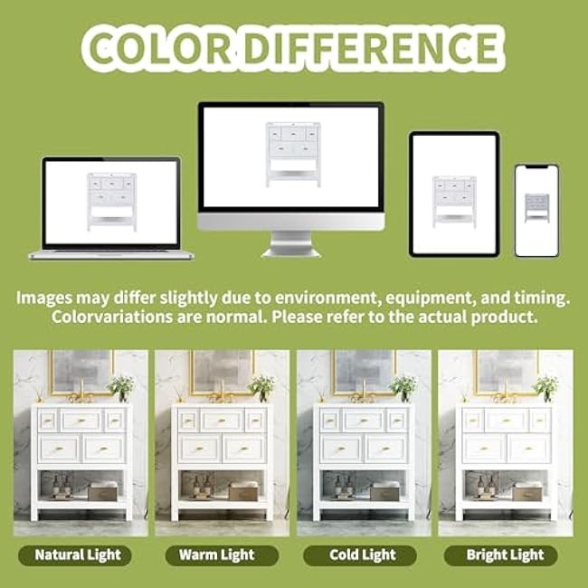 30 Inches White Bathroom Vanity with Ceramic Sink Combo, Free Standing Single Vanity Set with 5 Drawers, Solid Wood Frame, Modern Bathroom Storage Cabinet