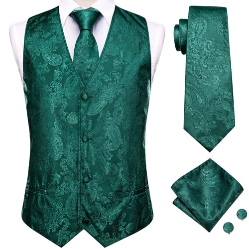 Hi-Tie Men's Silk Suit Vest Formal Vest for Men V Neck Jacquard Tie Handkerchief Cufflinks 4PCS Suits