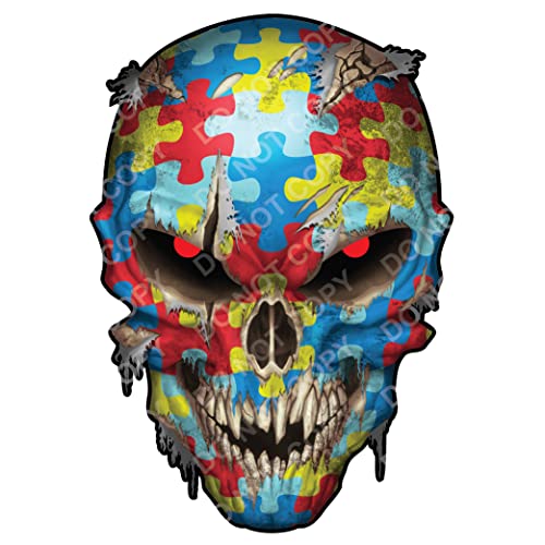 Image of Large Autism Awareness Puzzle Piece Skull American Flag Vinyl Decal with Reflective Eyes Sticker Car Truck Graphic Autistic Spectrum Superhero Window Windshield Bumper Auto Body