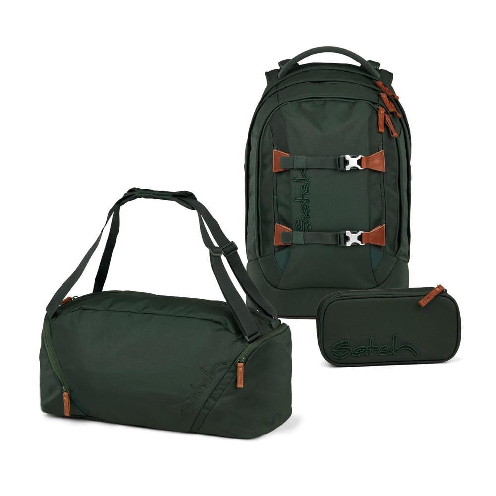 Satch Pack Nordic Black Skandi Edition Schulrucksack Set 3tlg. inkl. Schlamperbox und Sporttasche (Forest Green)