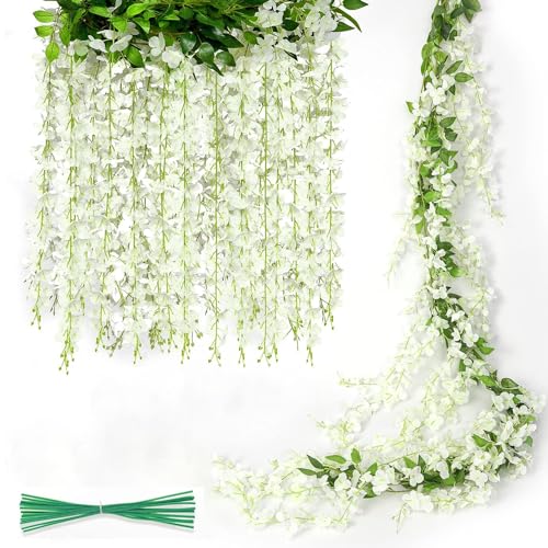 Image of JACKYLED Wisteria Hanging Flowers 4 Packs, 40 Branches 6ft Artificial White Silk Wisteria Vine with Lights Garland for Aesthetic Bedroom Party Garden Home Decor Wedding