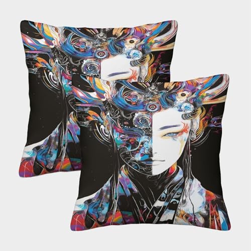 POLIUAWS Cyberpunk Geisha Throw Pillow for Wedding Luxury Standard Pillow Case 2 Pack 40x40cm