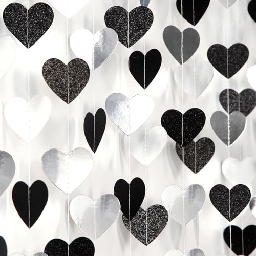 52Ft Herz Girlande Silber Schwarz, 4 Stück Papiergirlande Hochzeit Silberhochzeit DIY Deko, Hängende Girlande Herzen für Verlobung, Valentinstag, Geburtstag, Abschluss, Partydeko Deko Silberhochzeit