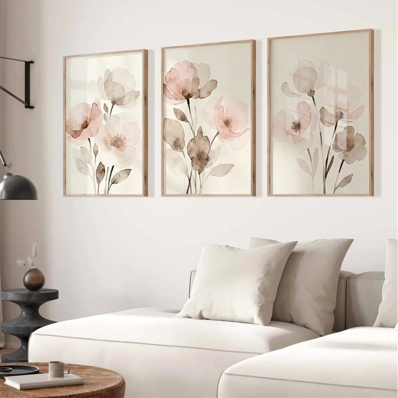 Pink Watercolor Set Of 3 Botanical Wall Art with Gallery Wrapped Canvas