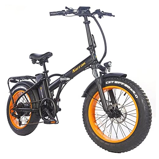 Narrak 48V 500W 13 Ah 20" x4.0 Folding Fat Tire Step Over/Step-Thru Electric Bicycle Mountain Removable Battery E-Bike Foldable Snow Electric Bike (Step-Over Orange)