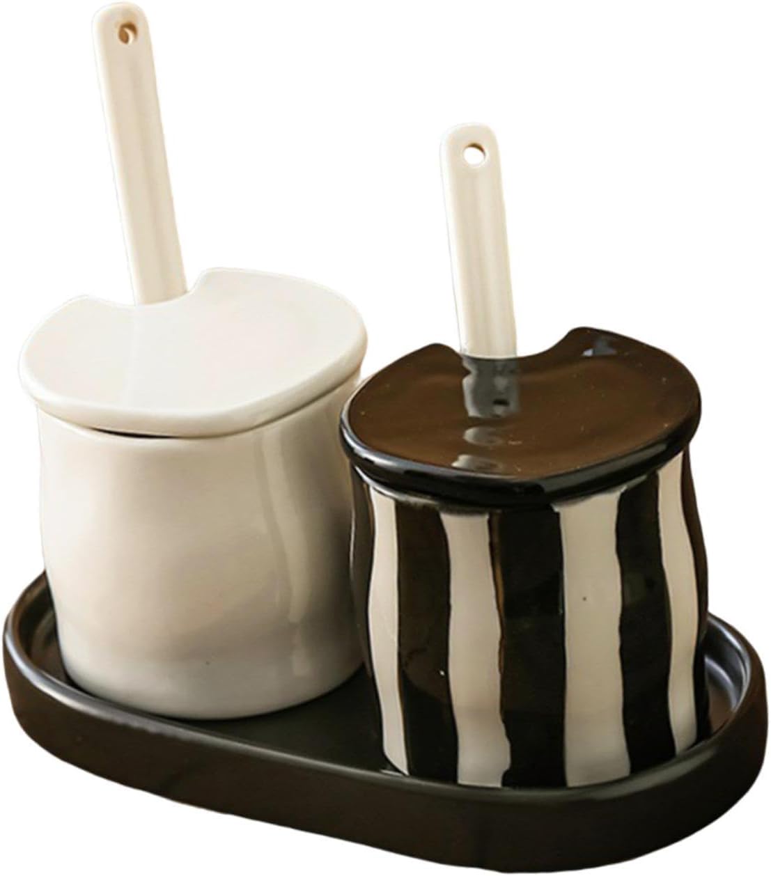 Condiment Jar with Holder Tray Bowl Sugar Dispenser Round with Lids and Spoons Spice Containers Set for Countertop Home, Black White