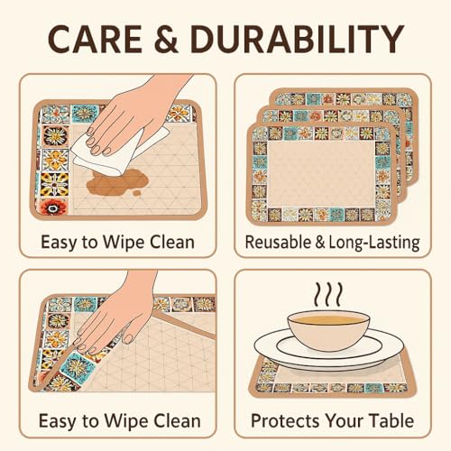 Image of YELONA Leather Dining Table Placemats Set of 6 - Waterproof, Heat Resistant, Anti-Slip, Easy to Clean Table Mats for Dining Table, Kitchen & Home Decor (Multicolor, 40 x 30 cm)