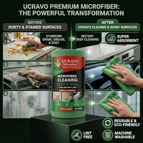Image of UCRAVO 60 SHEETS Microfiber Cleaning Cloth Roll 10X Cheaper Than Paper Reusable and 12000 Times Washable Tear-Away Kitchen Towel Roll Highly Absorbent Lint-Free, Streak-Free Cleaning Rags (Green)