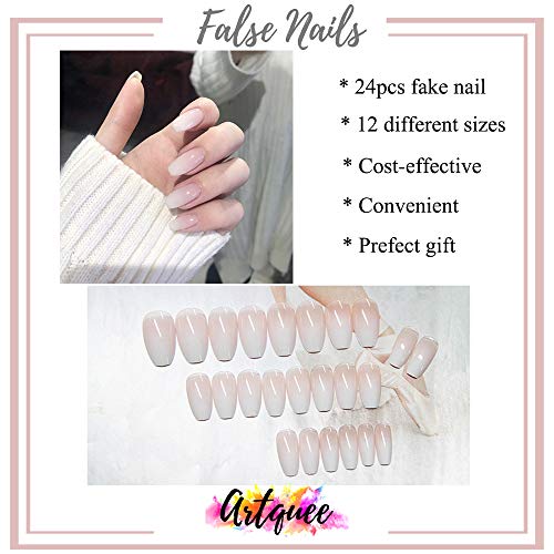 Artquee 24Pcs French Nude White Ombre Ballerina Medium Long Coffin Glossy Fake Nails Press On Nail False Tips Manicure For Women And Girl #TOP3