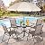 Vongrasig 6 Pieces Folding Patio Dining Set, All Weather Small Metal Outdoor Table and Chair Set, Garden Patio Furniture Set w/Umbrella, Glass Table & 4 Folding Chairs for Lawn, Backyard, Brown
