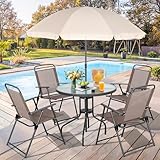 Vongrasig 6 Pieces Folding Patio Dining Set, All Weather Small Metal Outdoor Table and Chair Set, Garden Patio Furniture Set w/Umbrella, Glass Table & 4 Folding Chairs for Lawn, Backyard, Brown