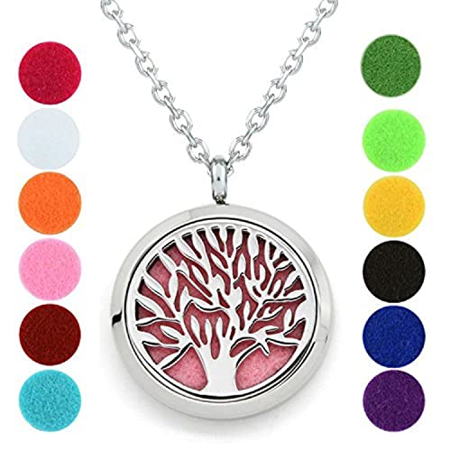 Tree of Life Essential Oil Diffuser Necklace - Aromatherapy Jewelry - Hypoallergenic 316L Stainless Steel, 21'' Chain with 12 Assorted Pads